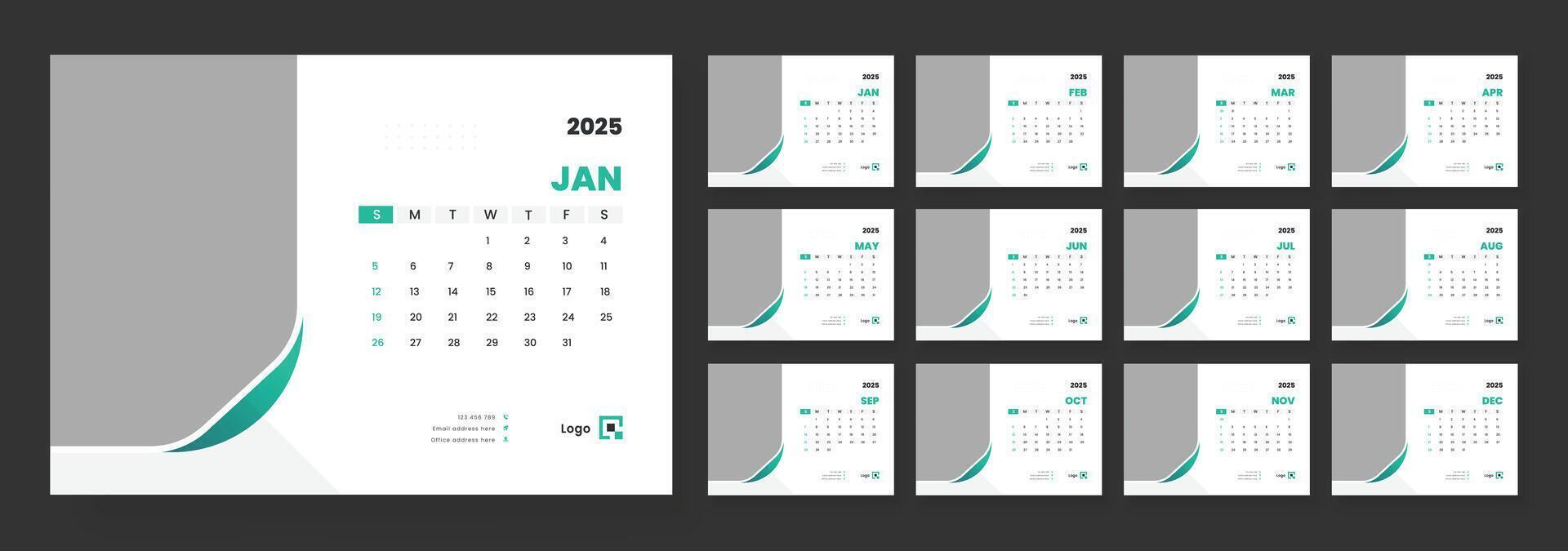 Calendar 2025 planner corporate template design, Template for annual calendar 2025, Office Calendar 2025, Week starts on Sunday. vector