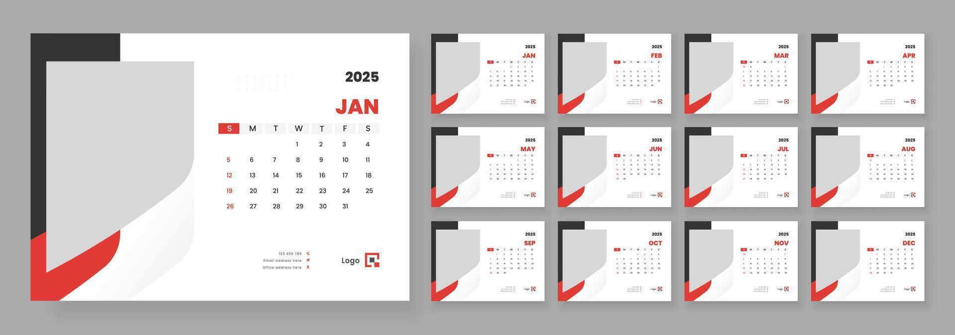 Desk Calendar 2025, Template for annual calendar 2025, The week starts on Sunday, Set of 12 months. vector