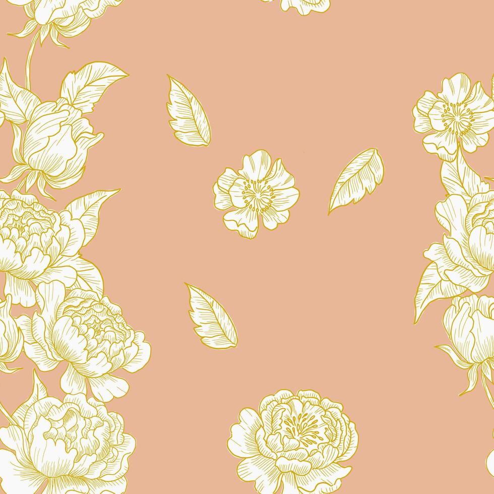 Hand Drawn Peony Rose Flower and Leaves Seamless Pattern vector