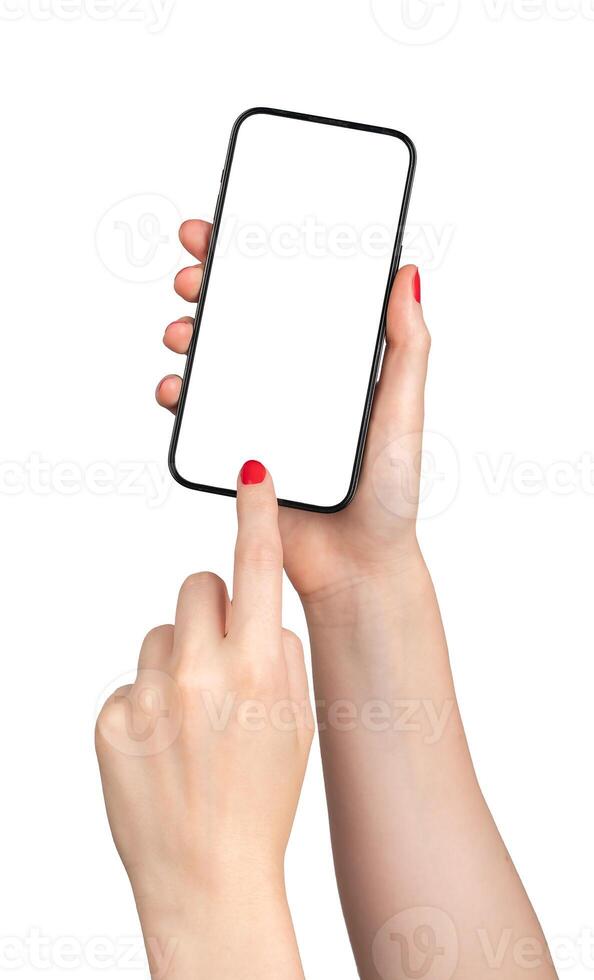 Hand holding mobile phone screen mockup, index finger tapping on smartphone touchscreen, cellphone photo