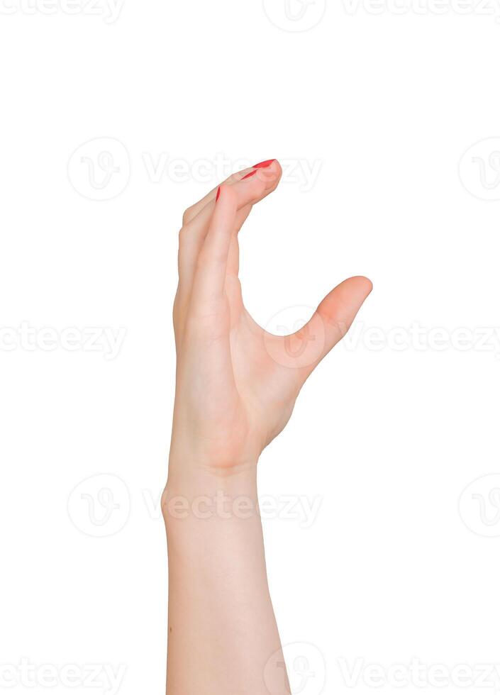 Hand with two fingers pinching, gesture for measuring or holding something small. Isolated on white photo