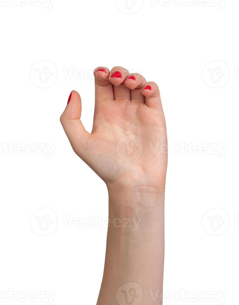 hand isolated, palmar view, red varnish, closeup. Woman's hand waving hello or goodbye, showcasing photo