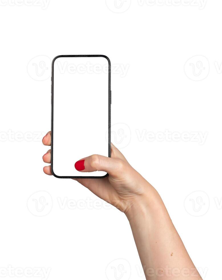 Hand holding mobile phone screen mockup, thumb tapping on smartphone touchscreen, cellphone mock up, photo