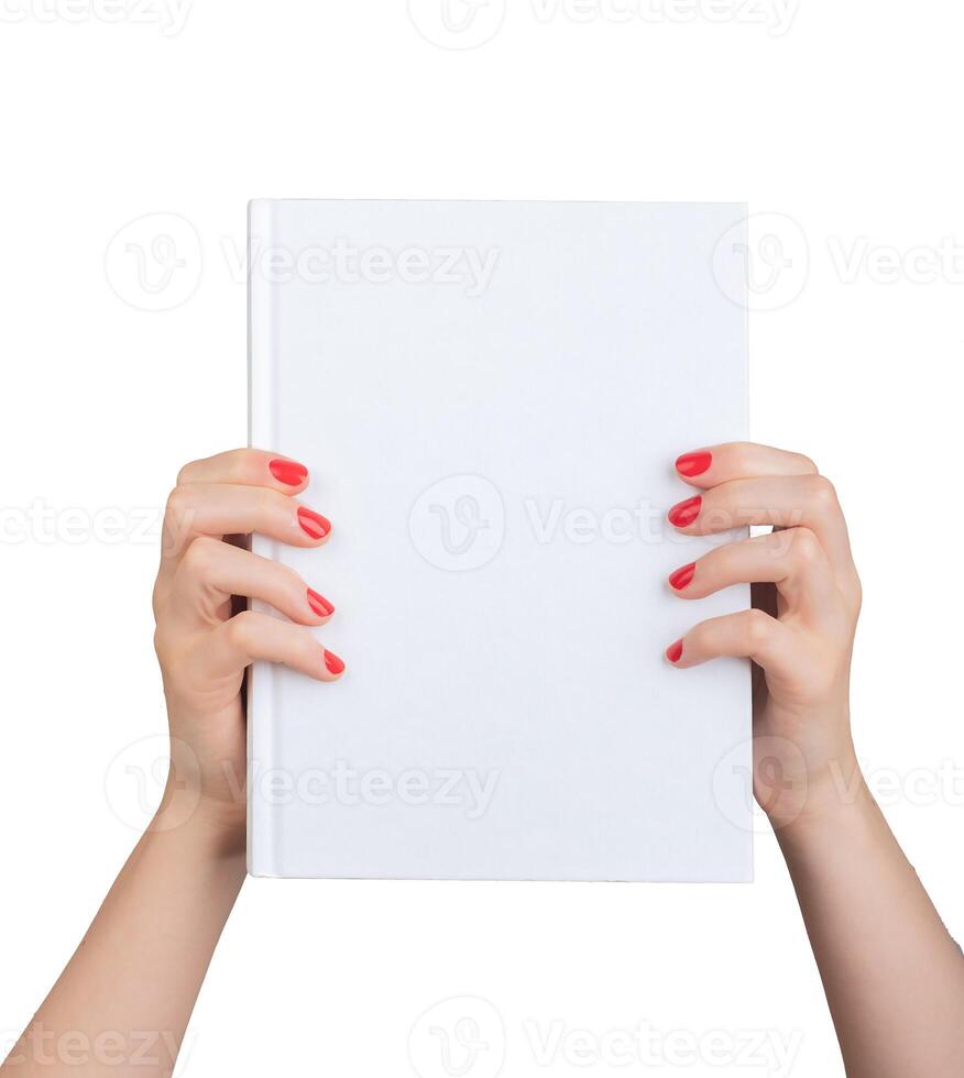 Book, hard cover mockup, hardback mock up. Hands holding paper literature, isolated on white photo