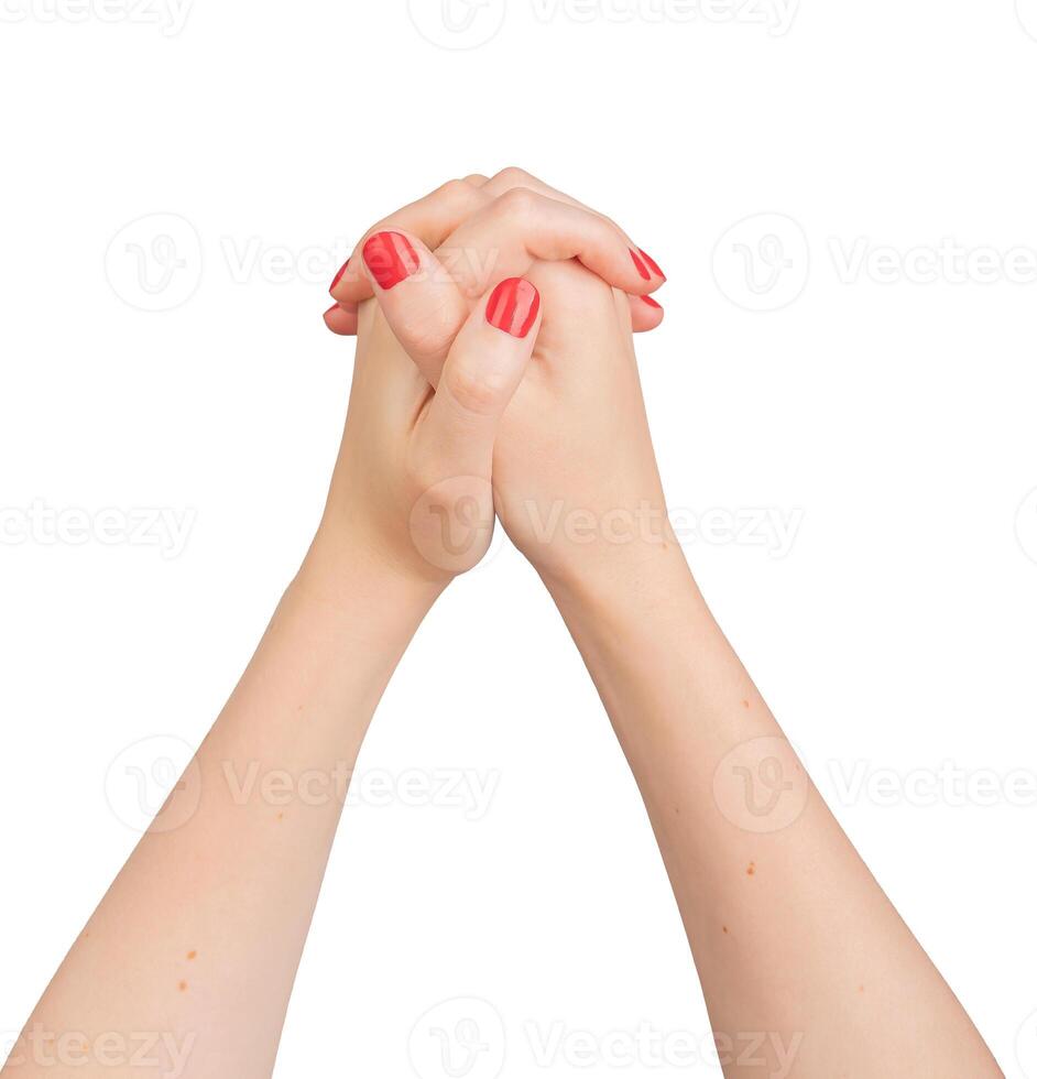 Intertwined hands with fingers clasped, symbolizing unity and support. Gesture of approval, peace, photo