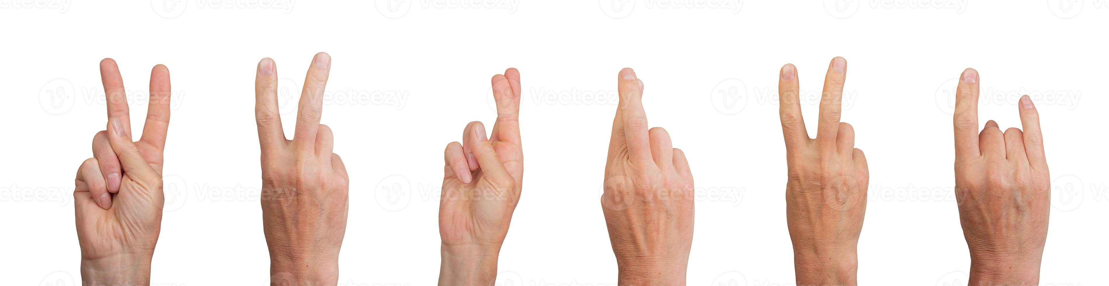 Two fingers gestures set. V sign, victory, crossed for luck, horns isolated on white background photo