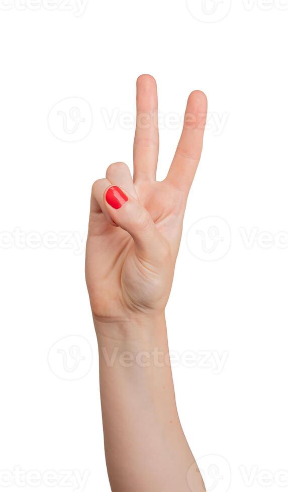 Victory sign with two fingers, symbolizing peace and triumph, isolated on white background. The photo