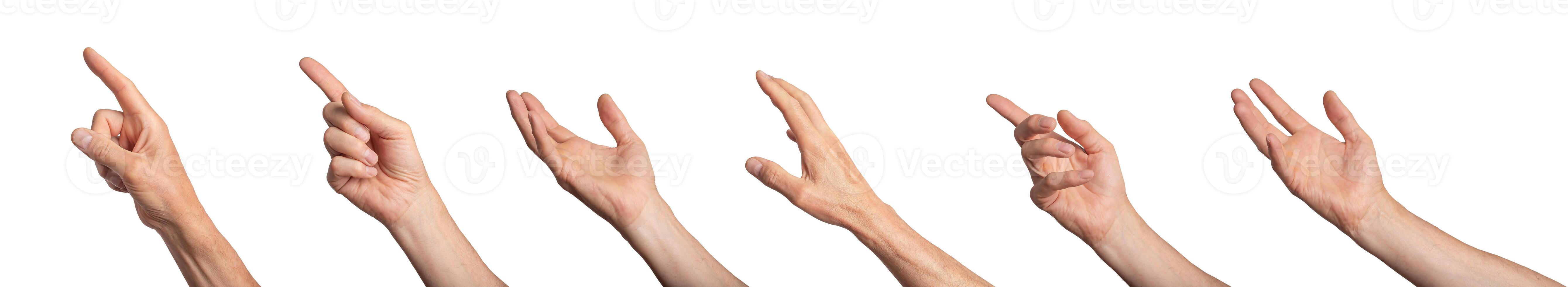 Reaching, catching, stretching to something, touching, gestures set. hand sign isolated on white photo