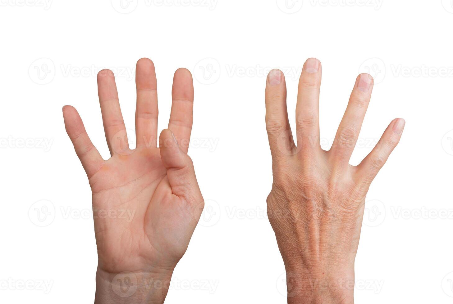 Hand showing four fingers, isolated on white background. Counting or signaling the number four photo