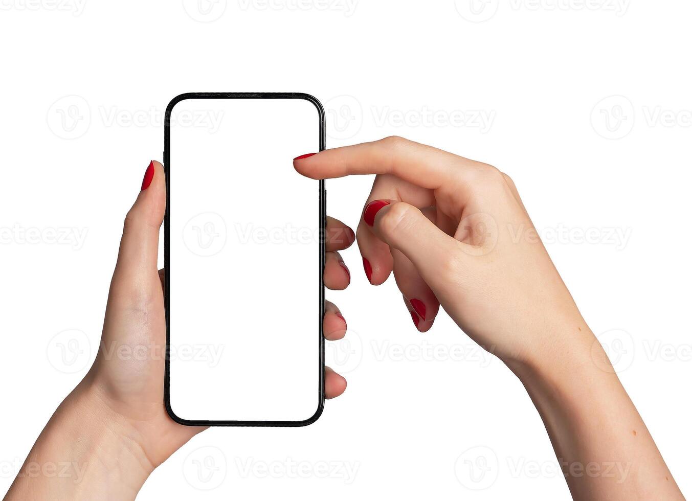 Hand holding mobile phone screen mock up, showing smartphone mockup, scrolling display, isolated on photo