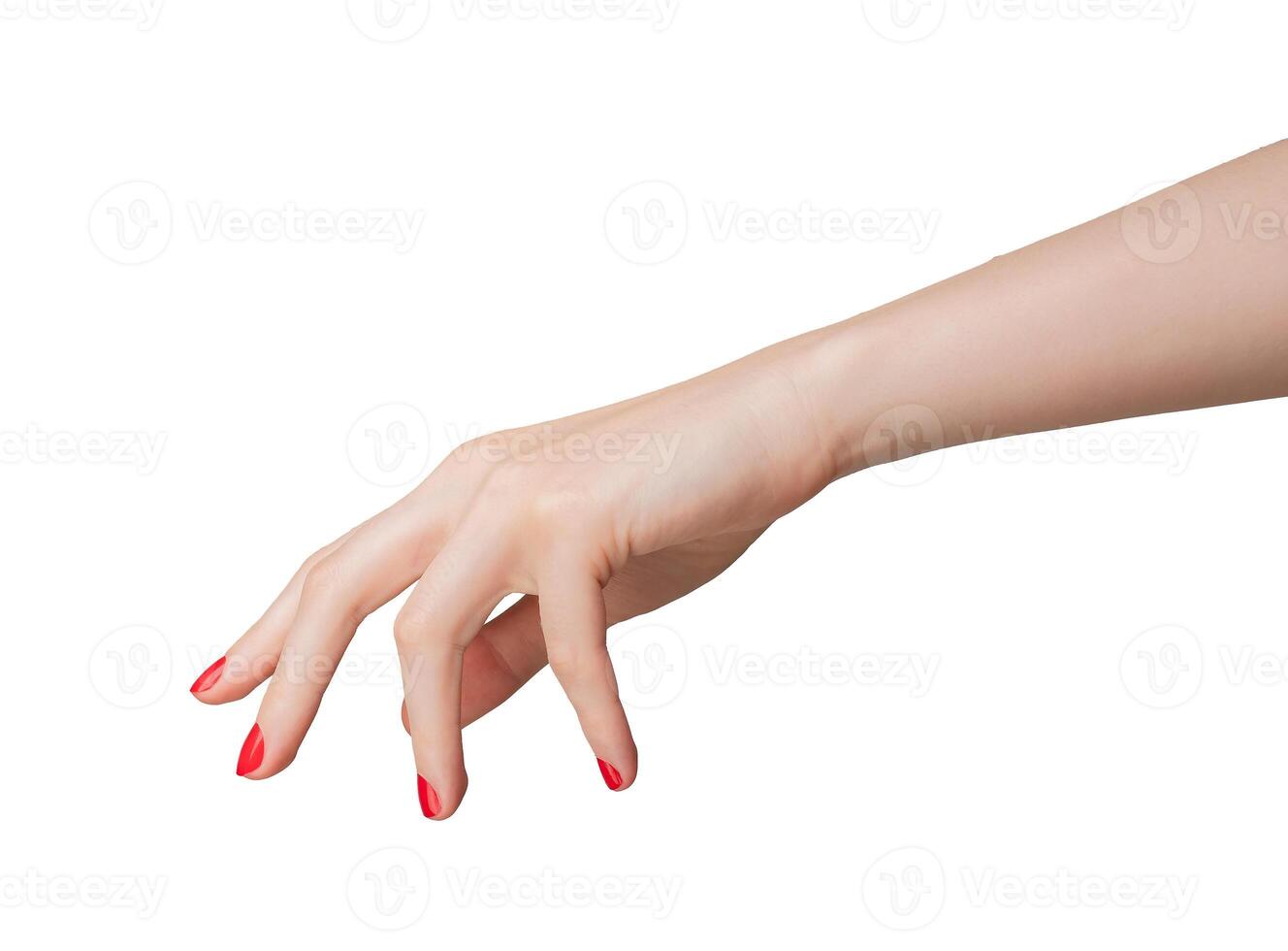 Hand with a bent finger, pointing and gesturing as if clicking an invisible button. Isolated on a photo