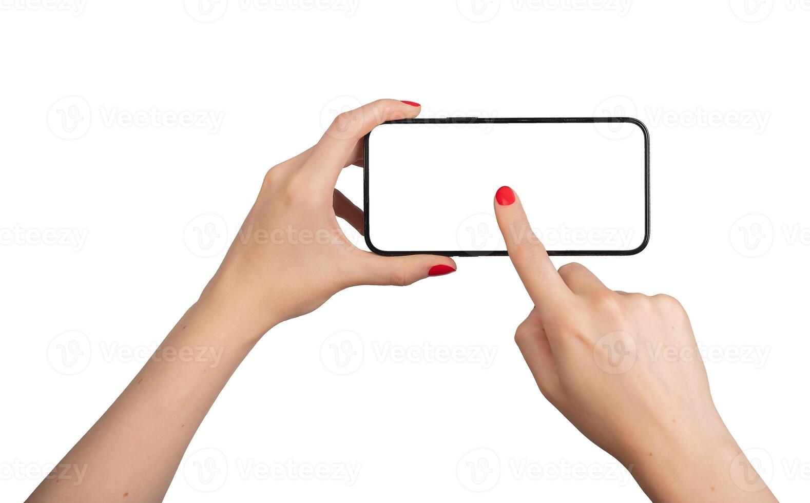 Hand holding mobile phone screen mock up, clicking tapping finger in center of smartphone, photo