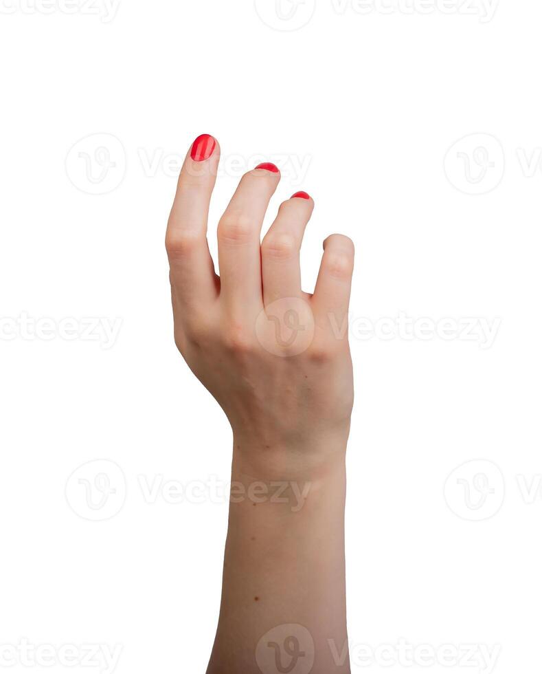 Hand in a touching gesture, isolated on a white background, with outstretched fingers ready to tap photo