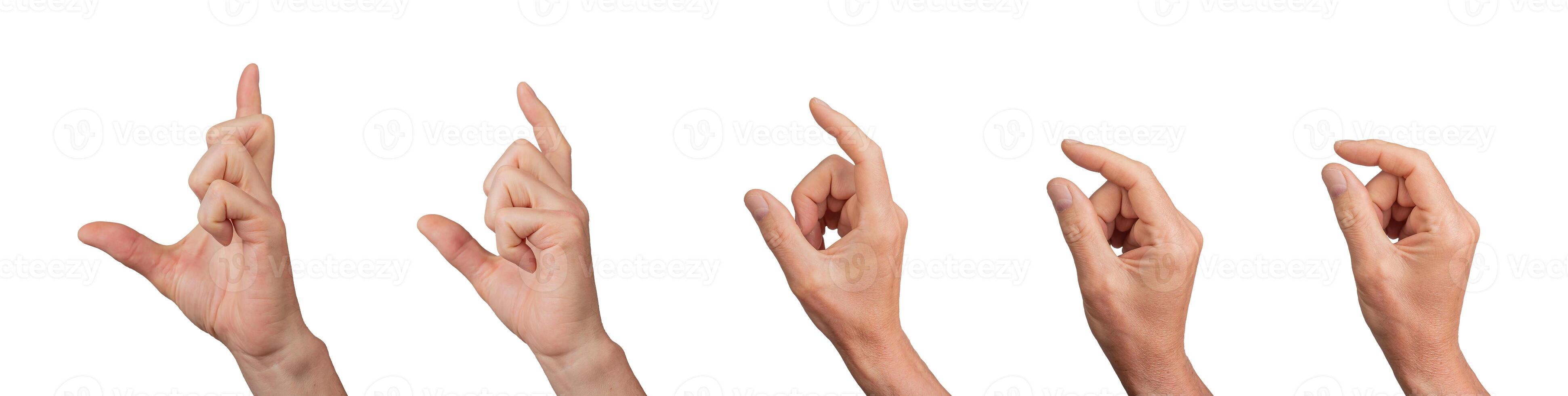 Showing size with hand gesture, small to large. finger movements, measuring. Isolated on white photo