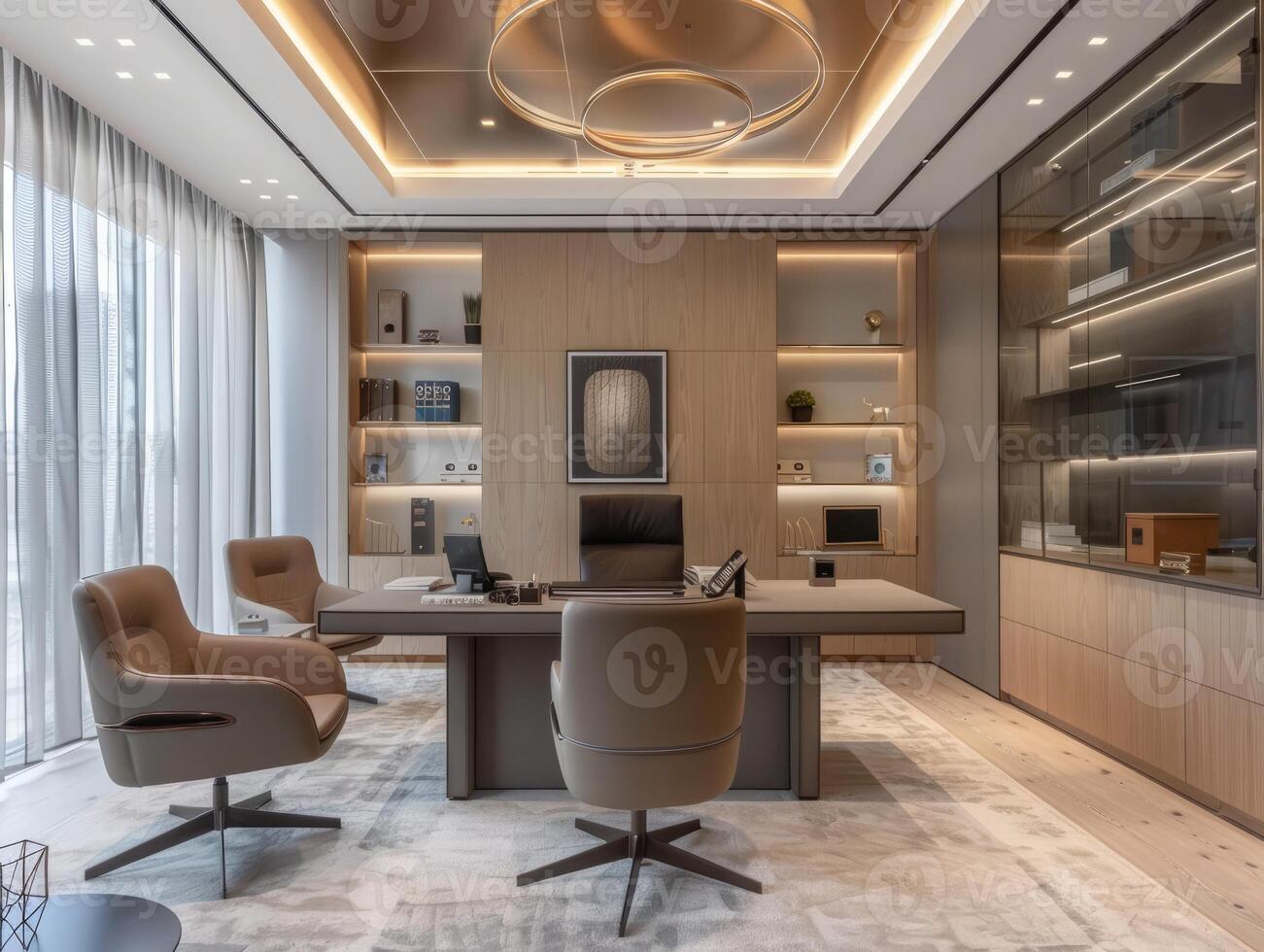 Elegant home office setup featuring sleek furniture and warm tones, ideal for illustrating modern photo