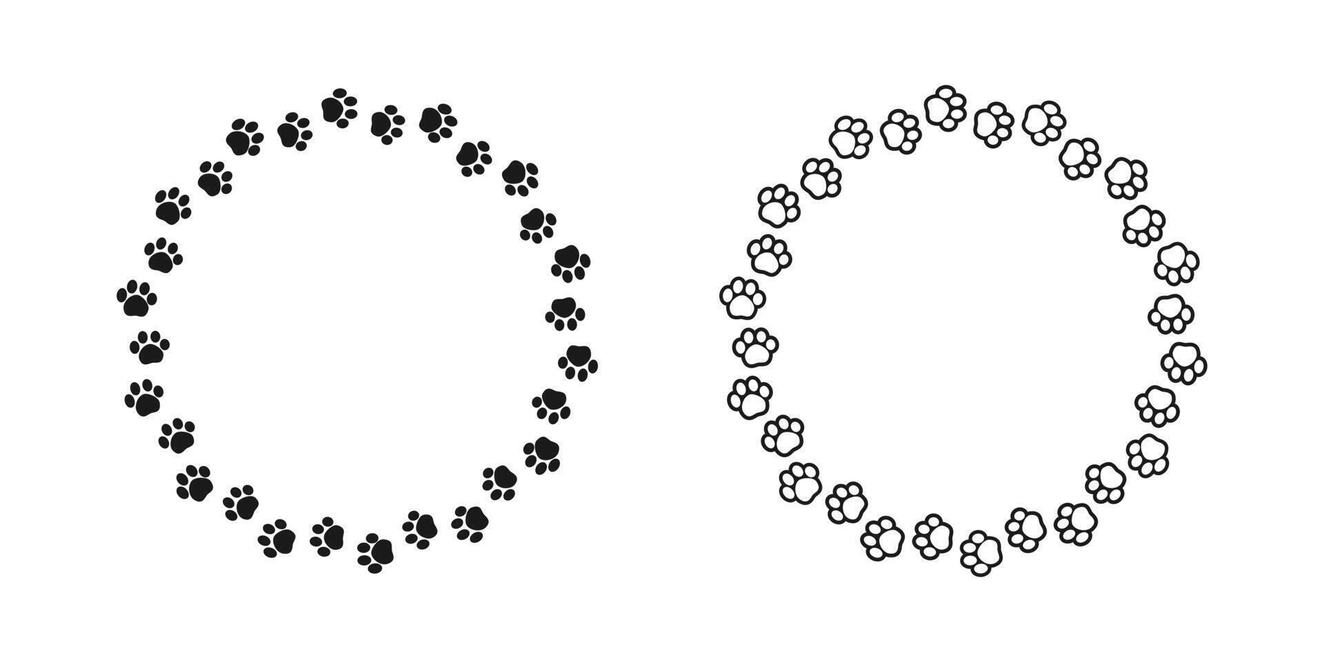 Round frame made of animal paw prints silhouette and outline set. Cute dog paw print track trail border collection. illustration vector