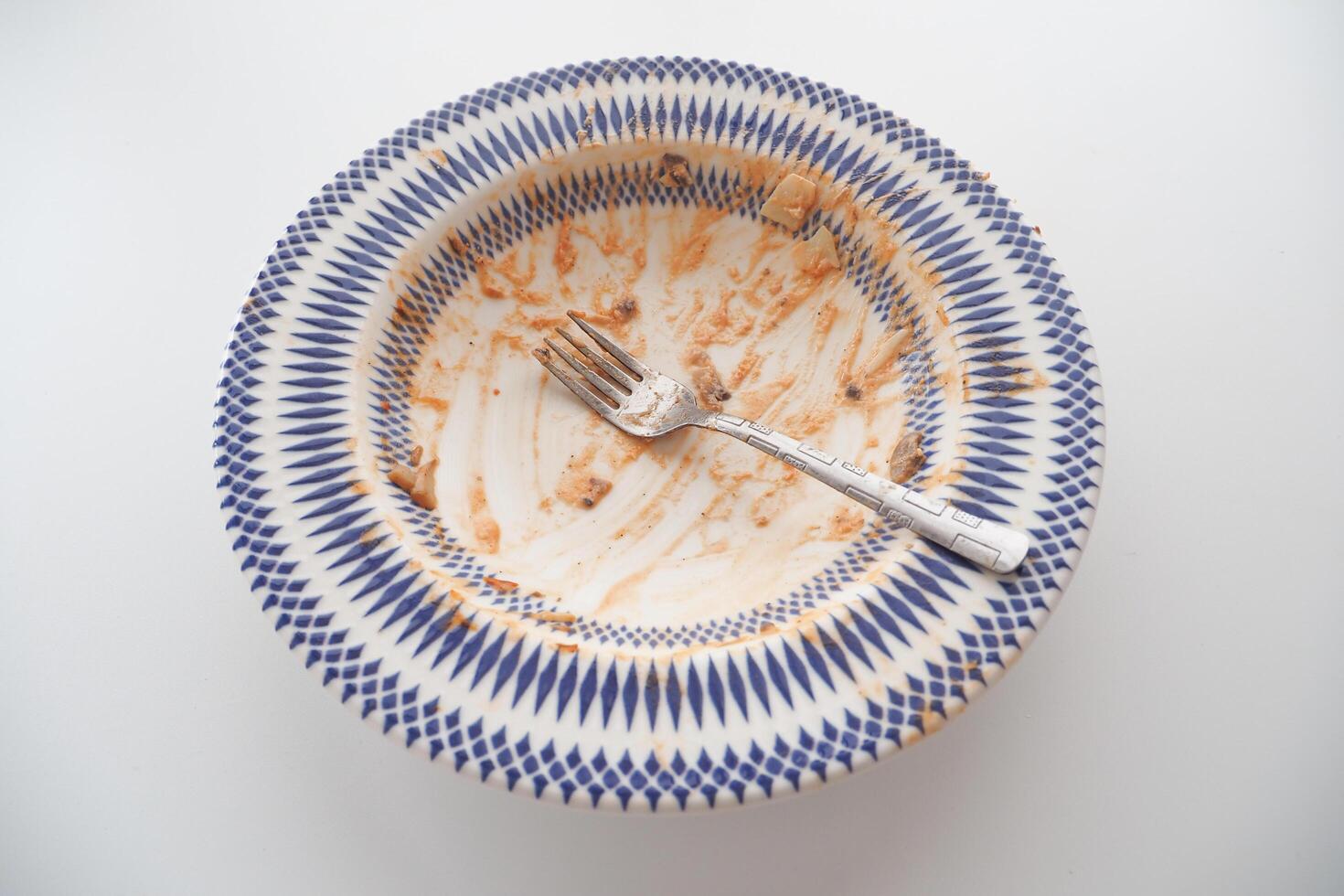 An empty dirty plate with a fork. photo
