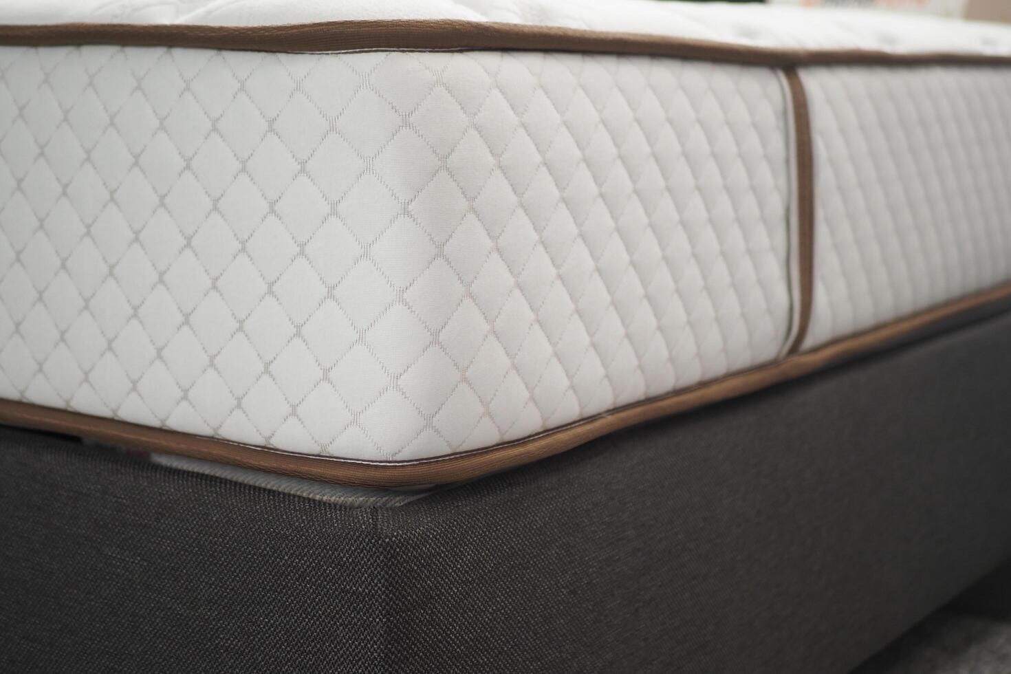 Detailed closeup view of a white mattress showcasing knitted design, offering comfort and style photo