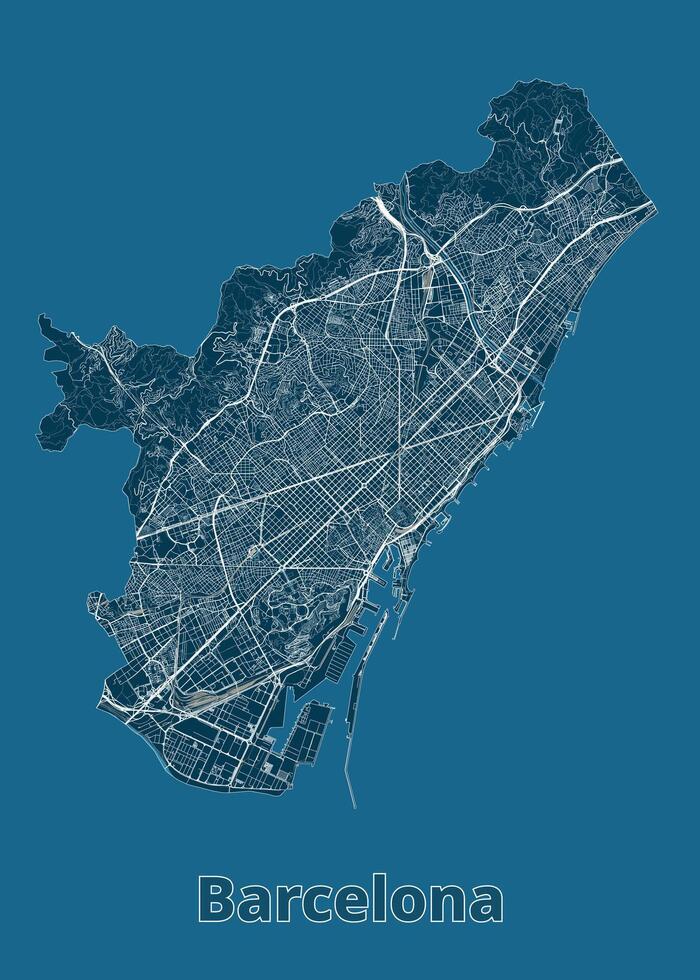 Barcelona, Spain artistic blueprint map poster vector