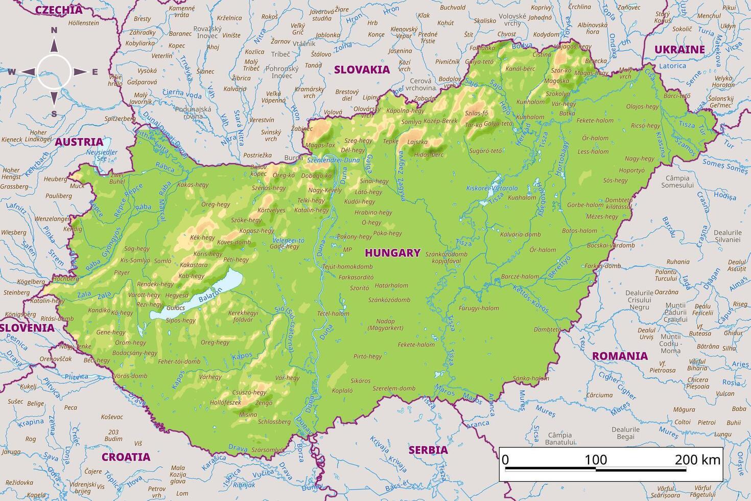 Detailed physical Map of Hungary vector