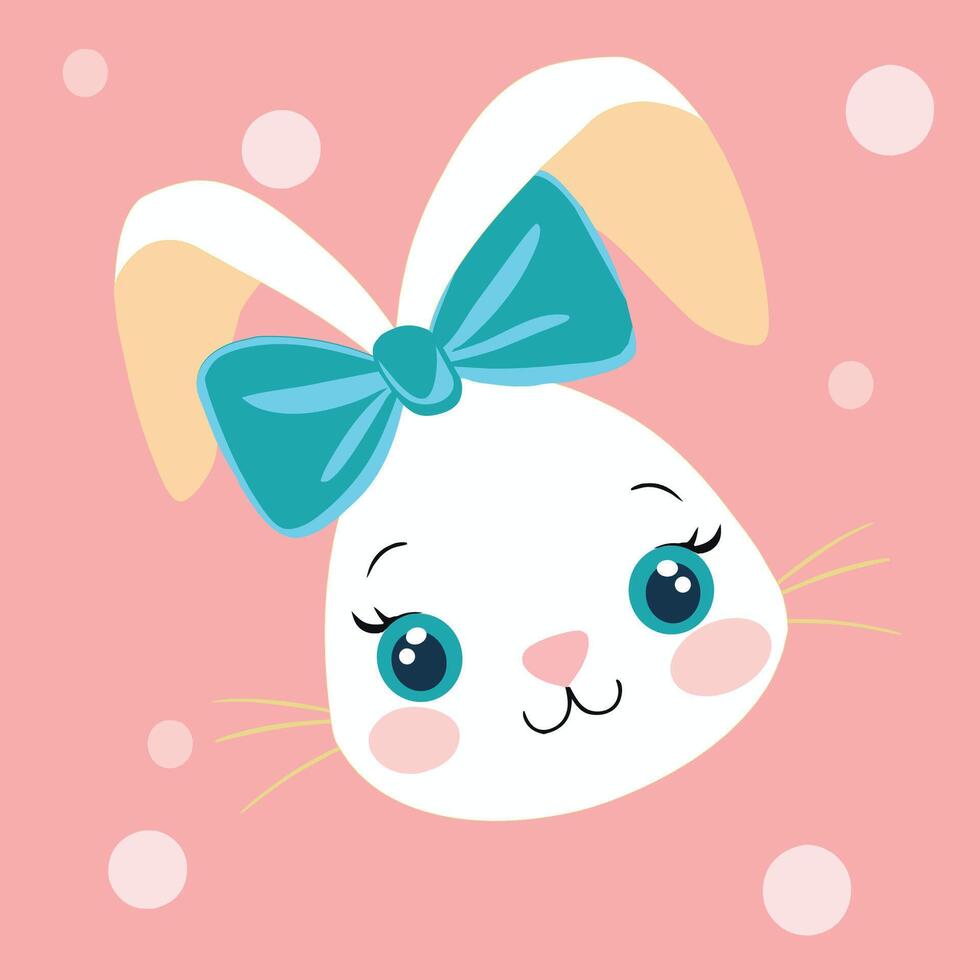 A cute little white rabbit with blue eyes, ears tied together with a blue ribbon, a light mustache, a cheerful smile. vector