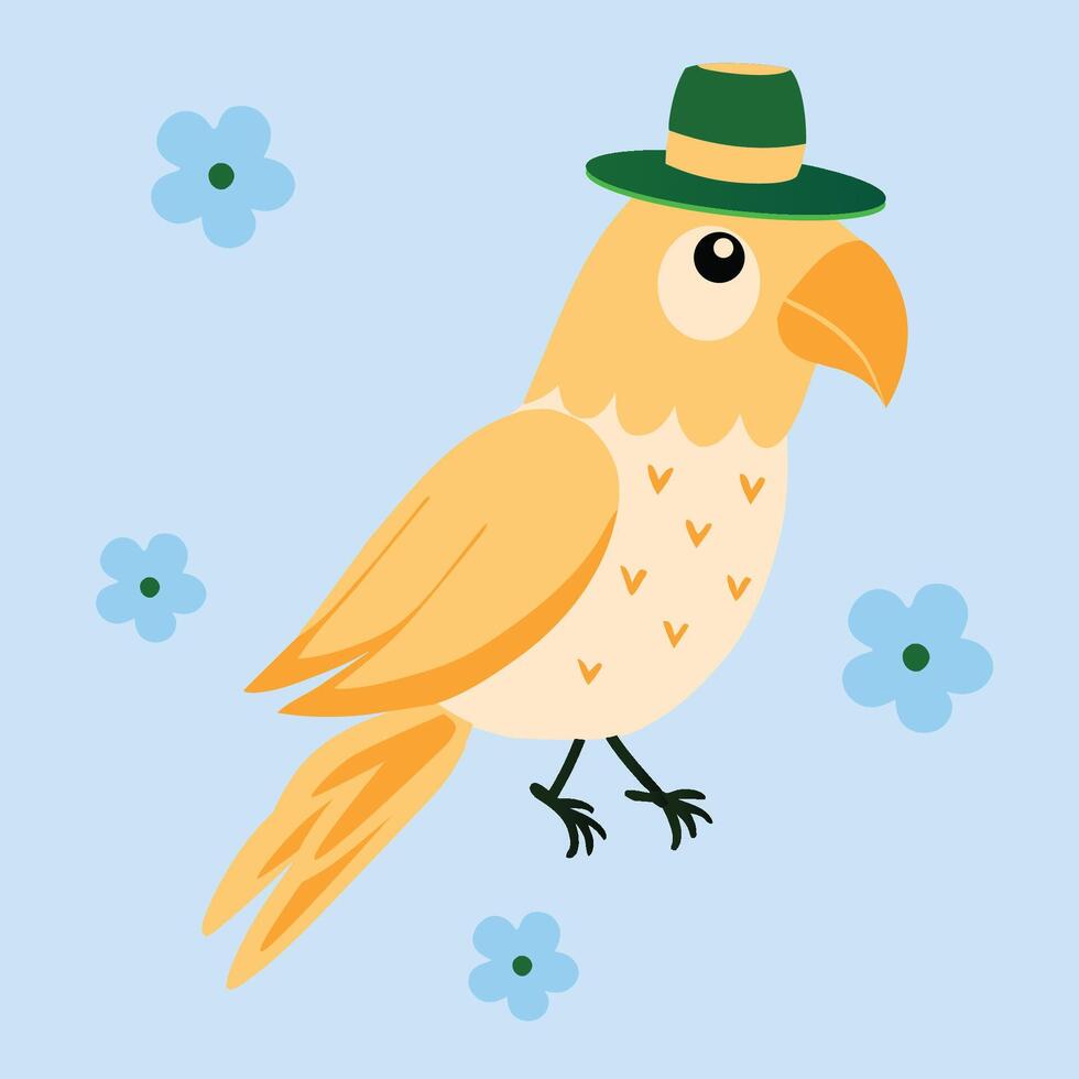 Amazon parrot with a light orange body, black legs, an arrow pattern on body, looking closely at the hat on its head. blue wildflower. vector
