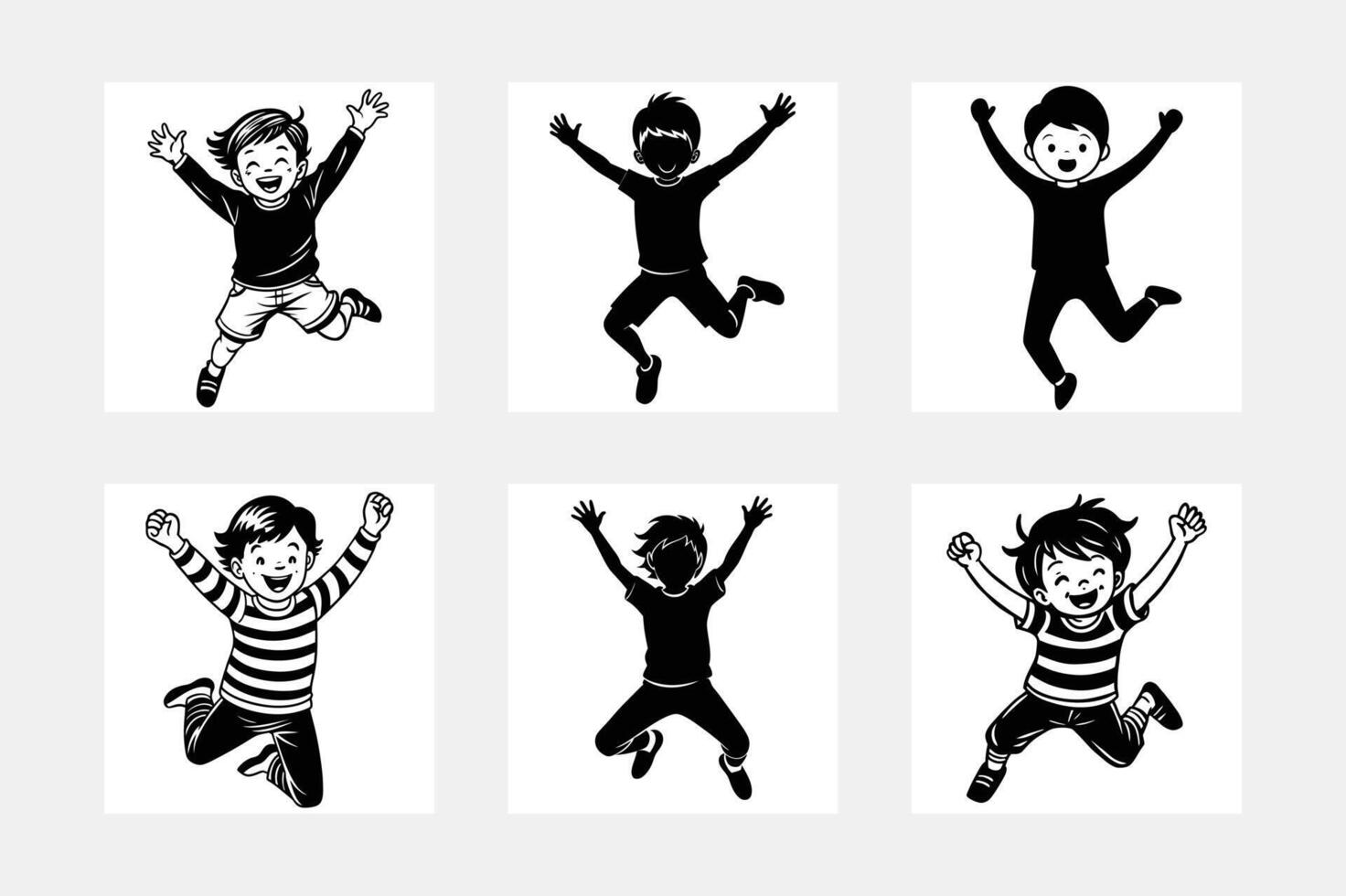 Fun little children jumping silhouette white background artwork set vector