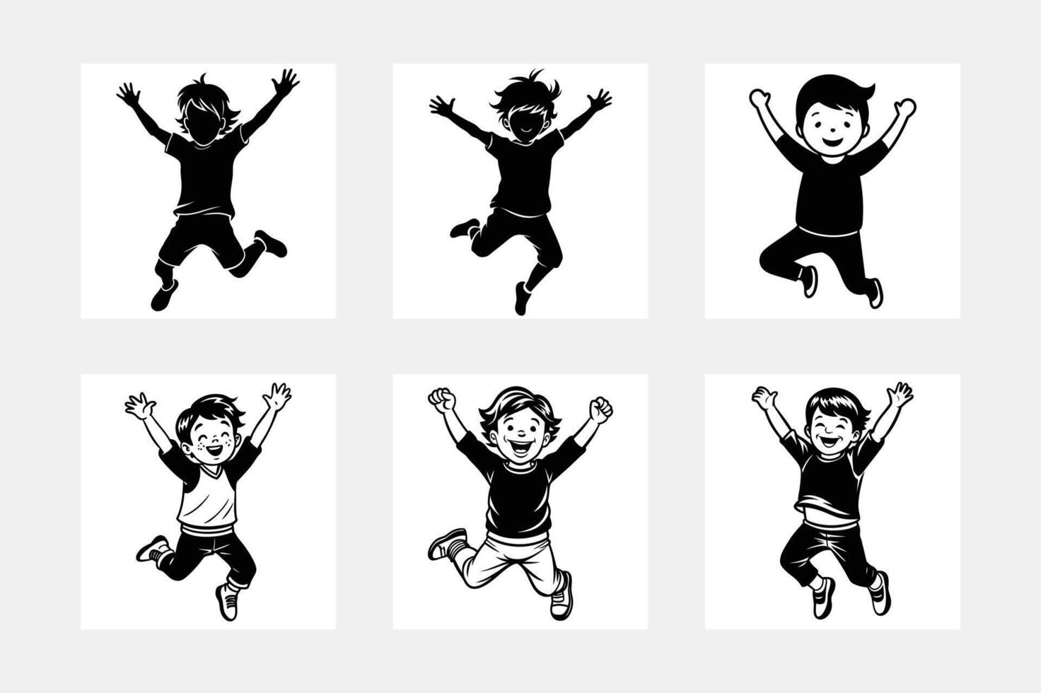 Beautiful little children jumping silhouette white background artwork set vector
