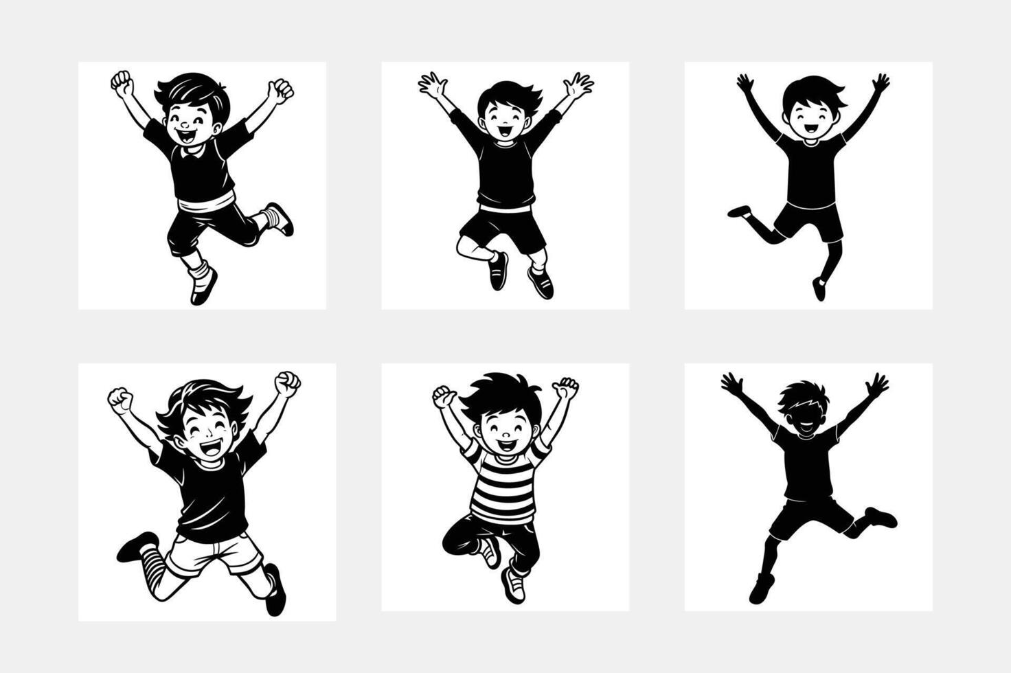 White background artwork set of joyful little children jumping silhouette vector