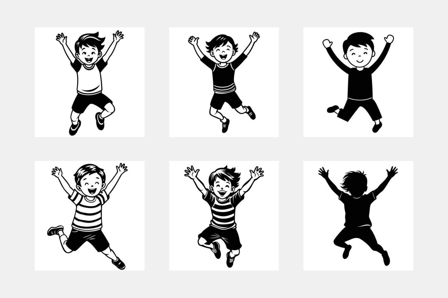 White background artwork set showcasing little children jumping silhouette vector
