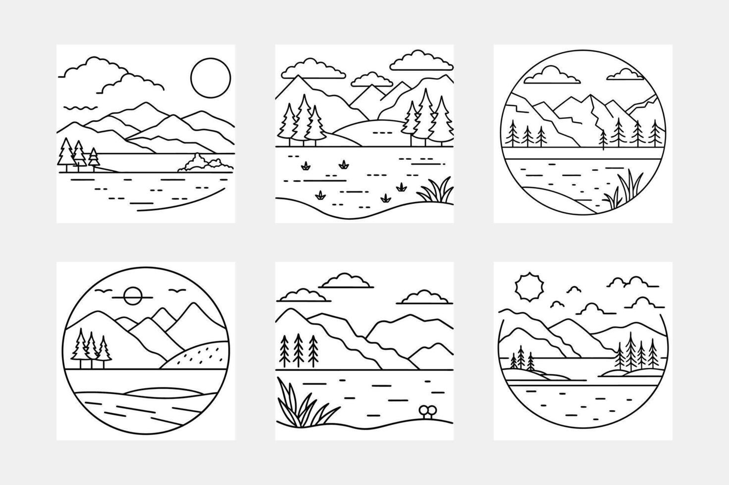 Unique lake line art illustration set vector