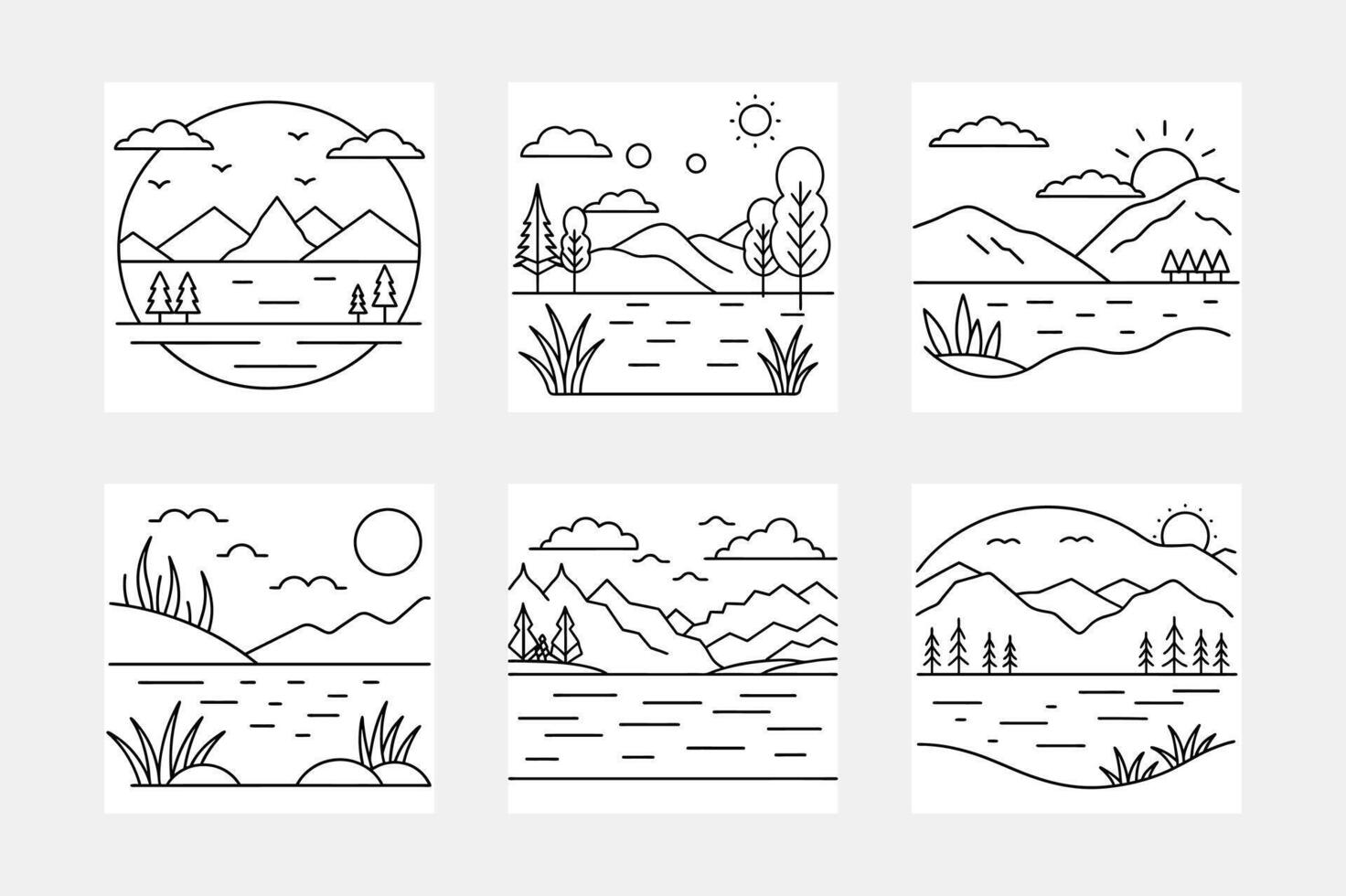 Creative lake line art illustration set vector