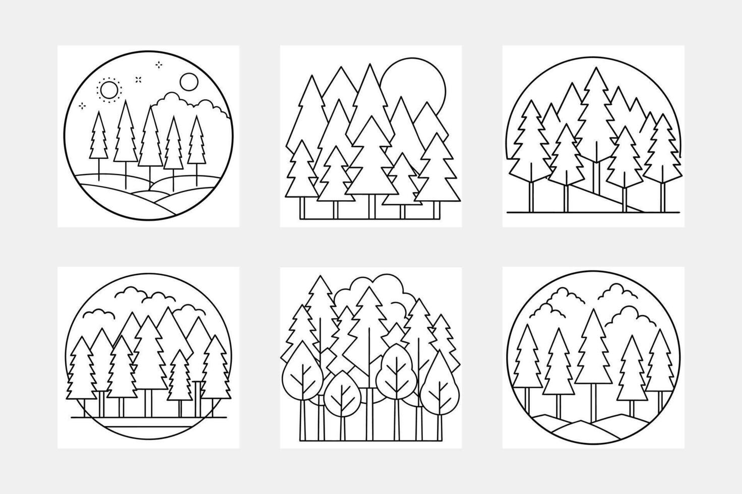 Beautiful Forest Line Art Illustration Set vector