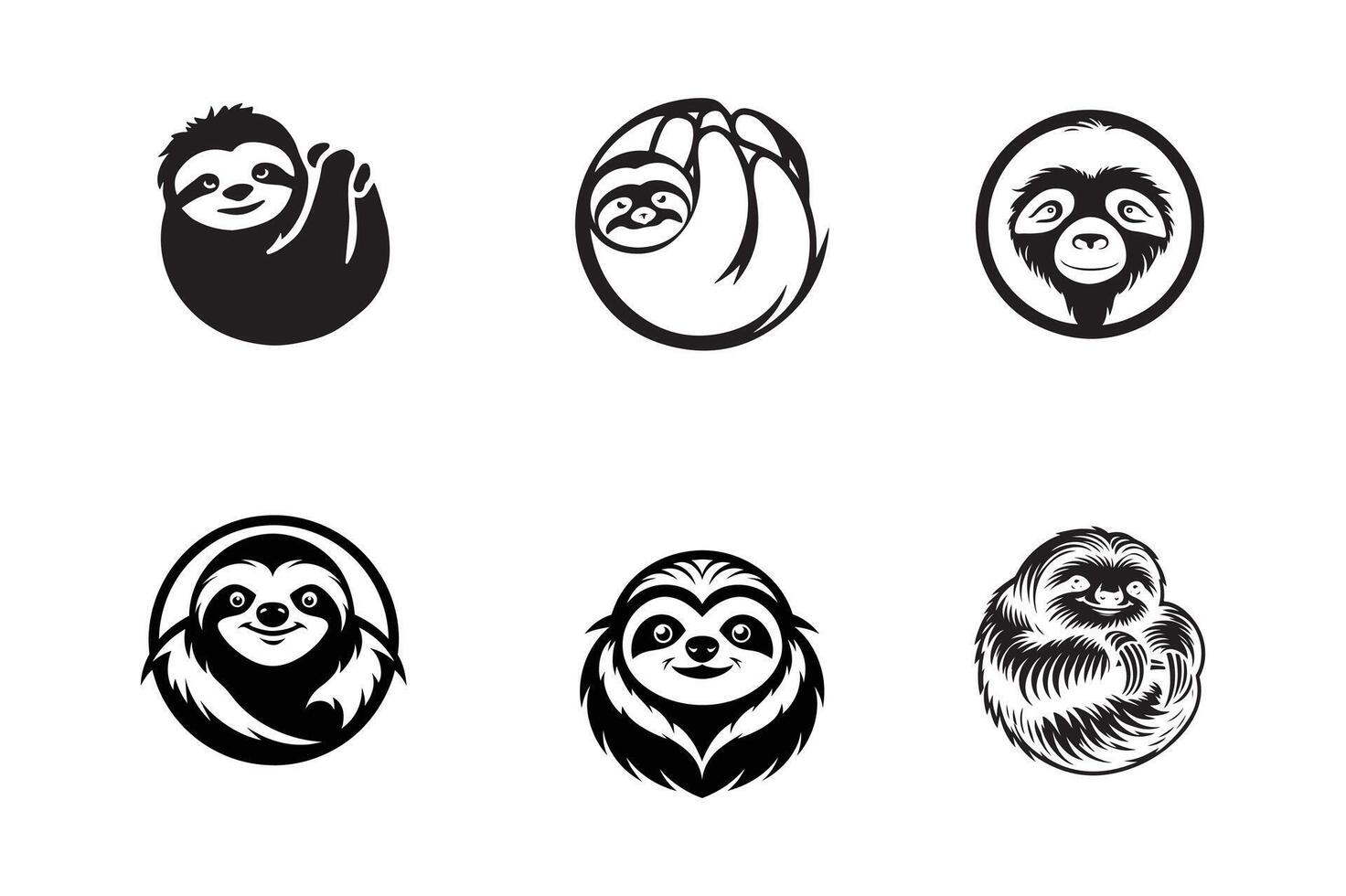 set of sloths art silhouette logo icon design black and white vector