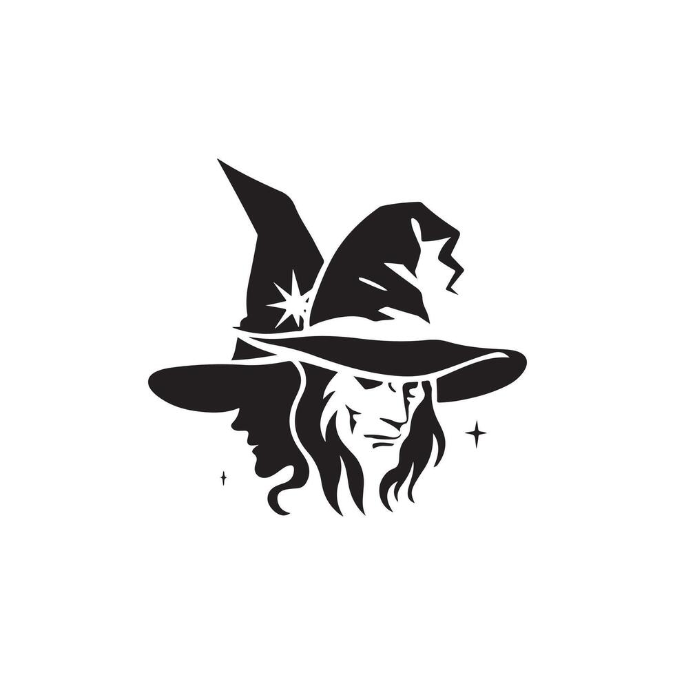 Halloween witch and wizard hat art, silhouette, icon, logo, doddle design black and white vector