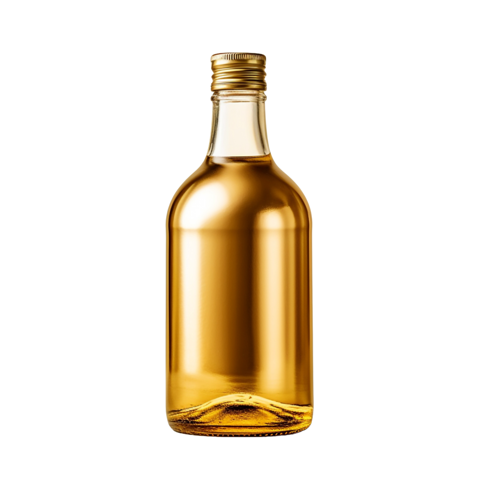 A bottle of gold color is shown isolated on transparent background png