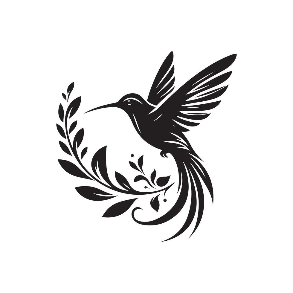 humming bird art silhouette logo design black and white vector