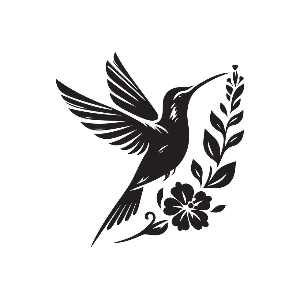 humming bird art silhouette logo design black and white vector