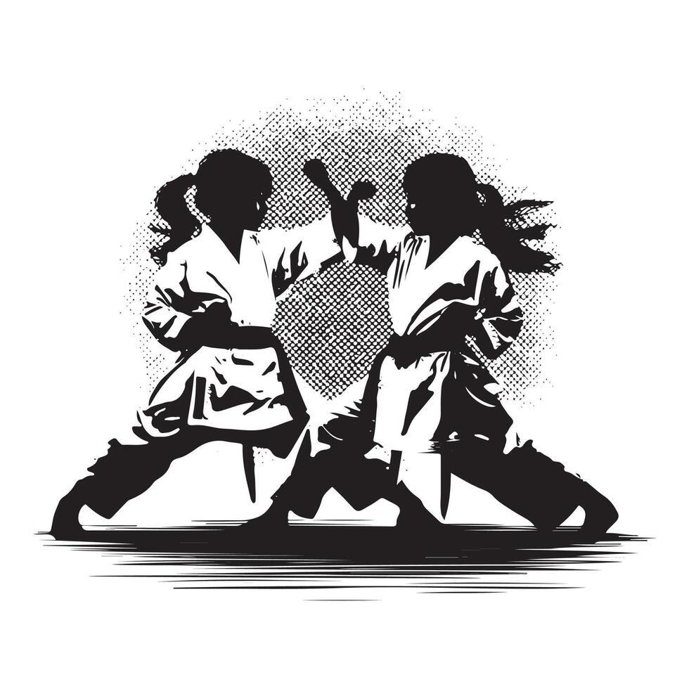karate two girl fight art illustration logo design black and white color vector