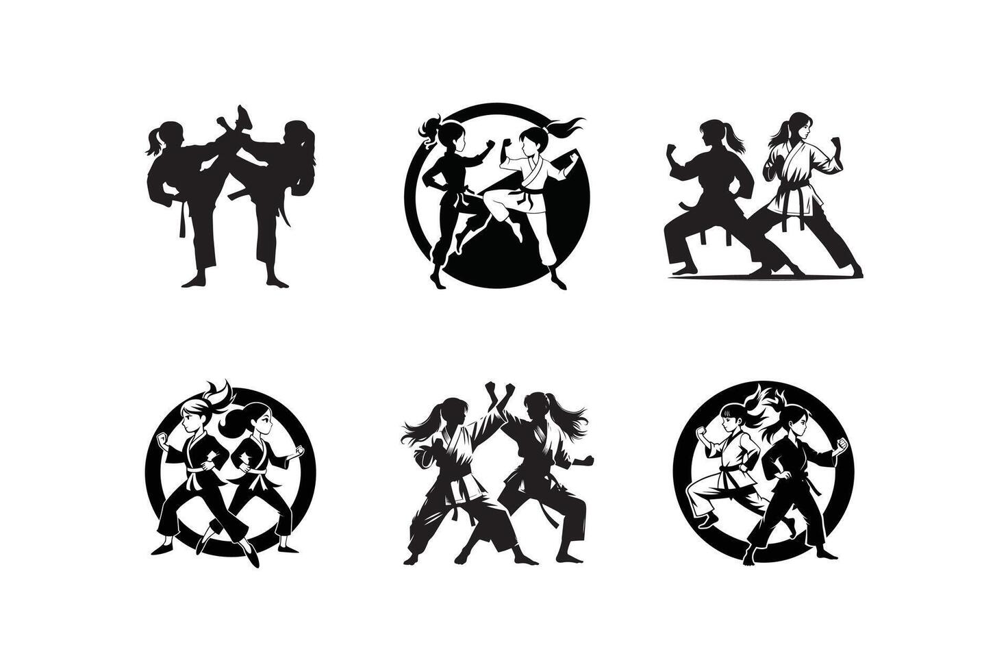 set of karate girls fight art illustration logo design black and white color vector