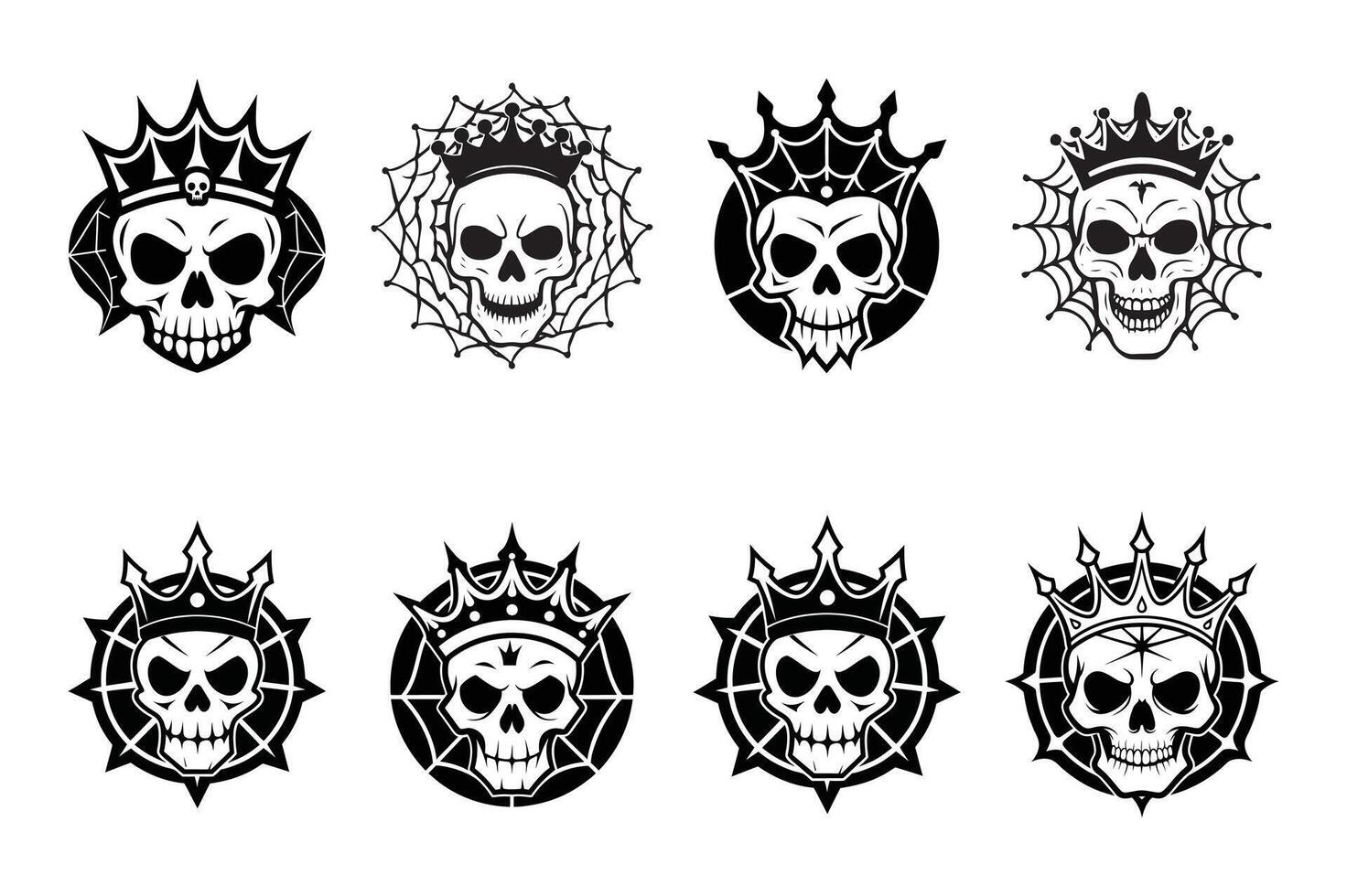 set of Halloween skull crown with spider net , silhouette, logo, icon, doddle black and white vector