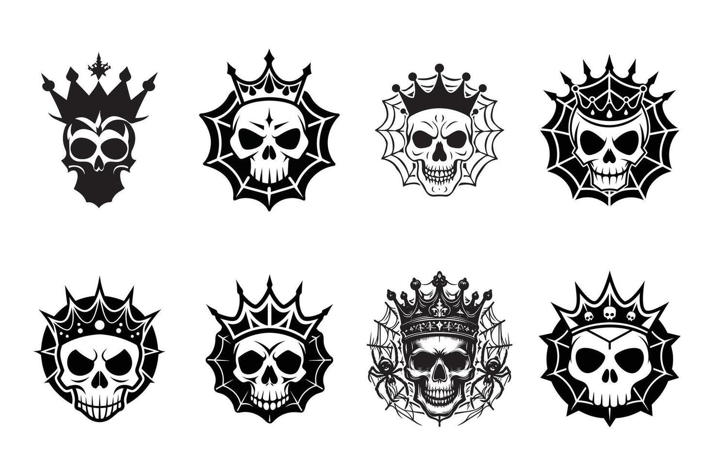 set of Halloween skull crown with spider net , silhouette, logo, icon, doddle black and white vector