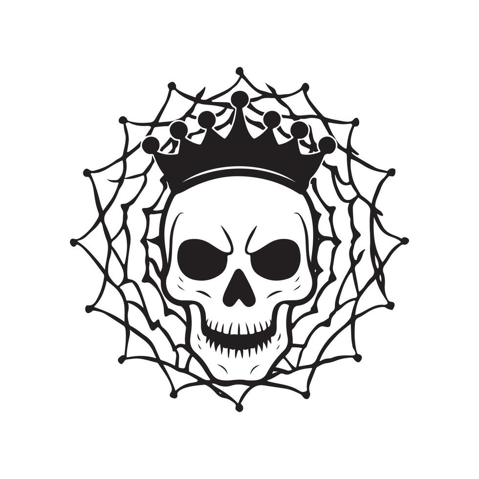 Halloween skull crown with spider net , silhouette, logo, icon, doddle black and white vector