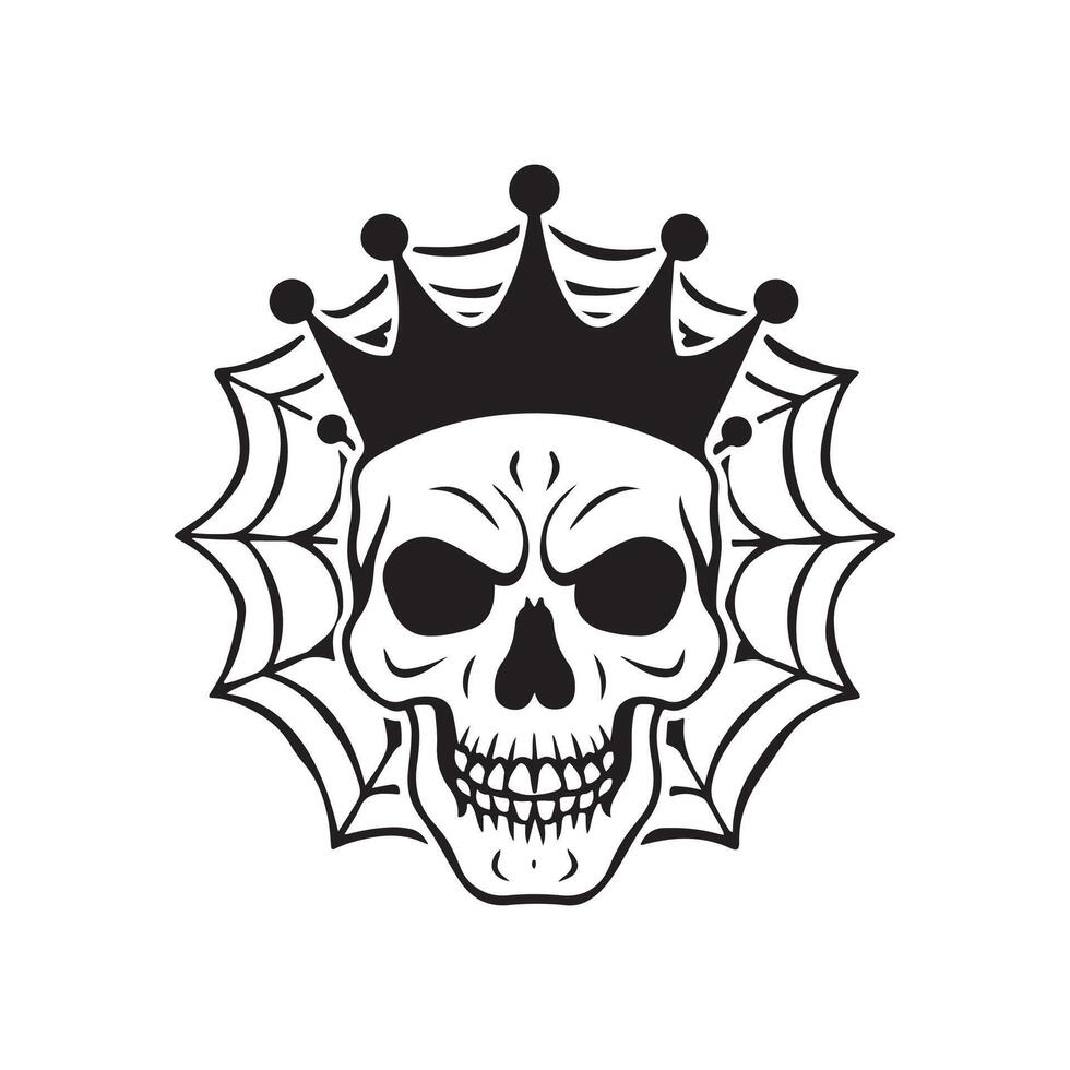 Halloween skull crown with spider net , silhouette, logo, icon, doddle black and white vector