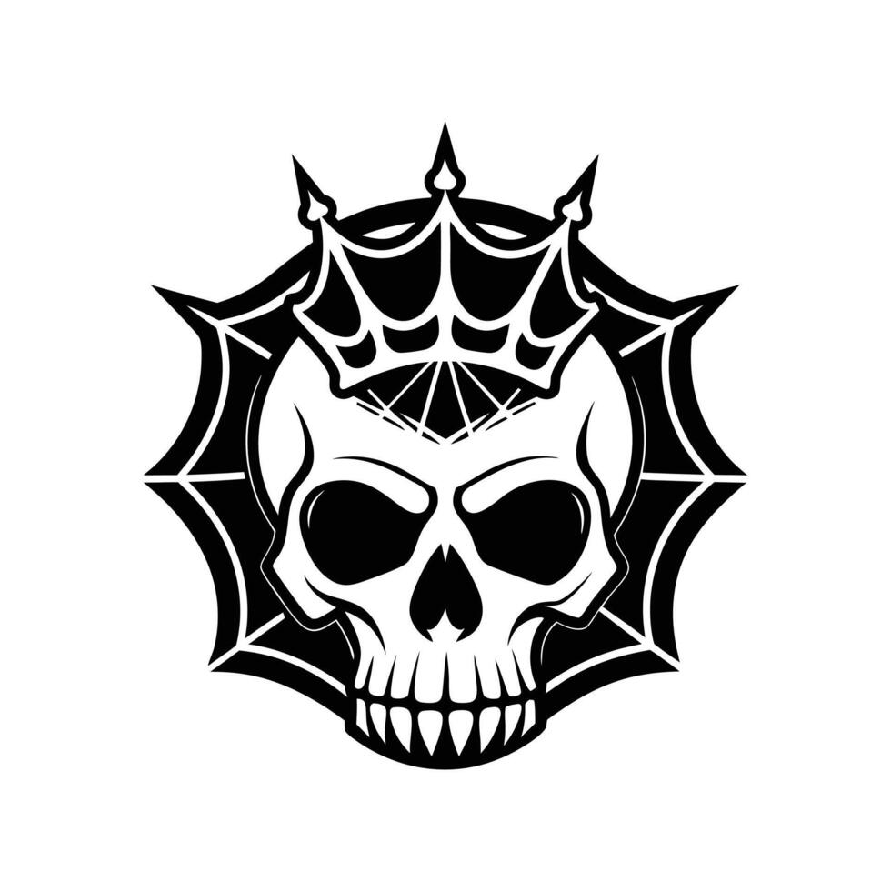 Halloween skull crown with spider net , silhouette, logo, icon, doddle black and white vector