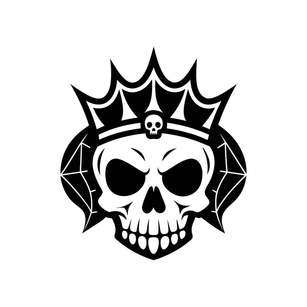 Halloween skull crown with spider net , silhouette, logo, icon, doddle black and white vector