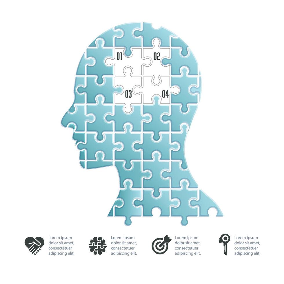 concept of mental health of alzheimer awareness infographic, graphic of head man shape combined with jigsaw pattern vector