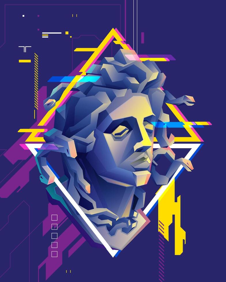 poster design of medusa head presented in cyberpunk style vector