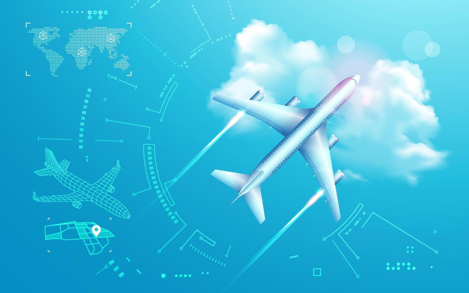 concept of aviation technology or digital twin, graphic of airplane in top view with futuristic interface vector