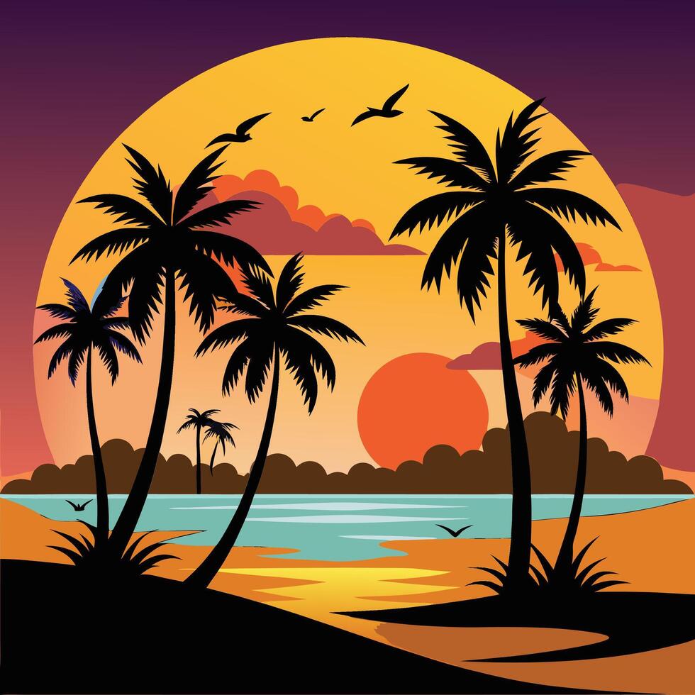 a palm tree beach with sunset vector